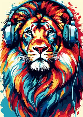 Lion with Headphones gaming