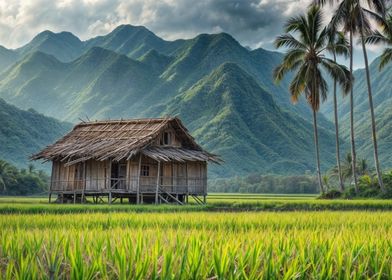 Wooden Hut in Rice Field