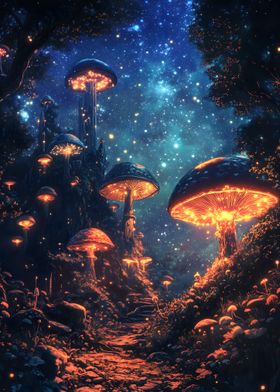 Glowing Orange Mushroom Forest and sky