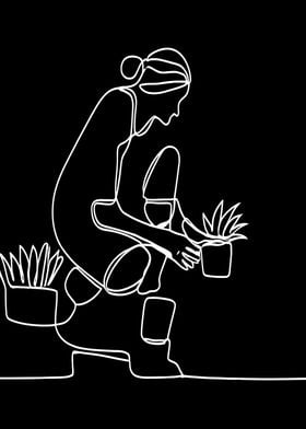 Line Art Woman Gardening