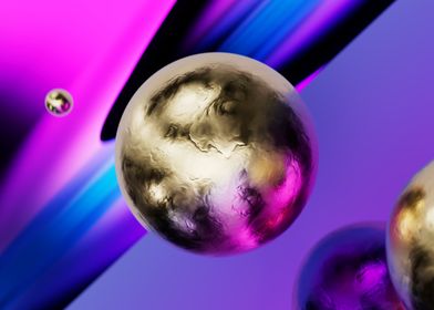 Floating Gold Spheres in Futuristic Space – Abstract Art with Purple and Blue Cosmic Background