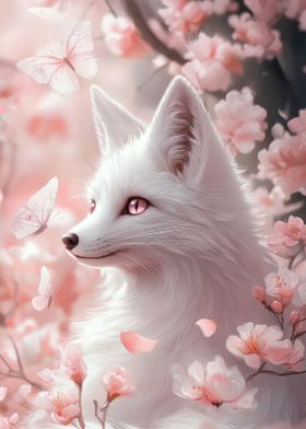 White Fox In Cherry Blossoms