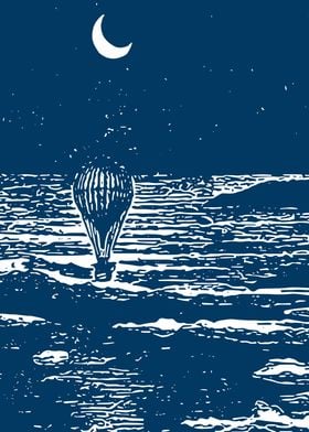 Vintage Hot Air Balloon Moonlit Sky Illustration in Deep Blue