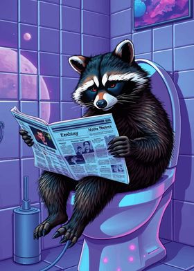 Raccoon Reading on Toilet