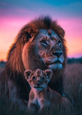 Lion and Cub at Sunset