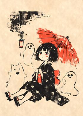 Yokai Girl with Ghosts and Umbrella