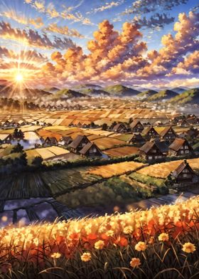 Golden Harvest - Tranquil Village at Sunset