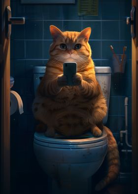 Funny Cat on Toilet with Phone