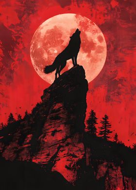 Wolf Howling at Blood Moon