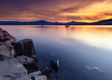 Sunset Sailboats on Calm Lake