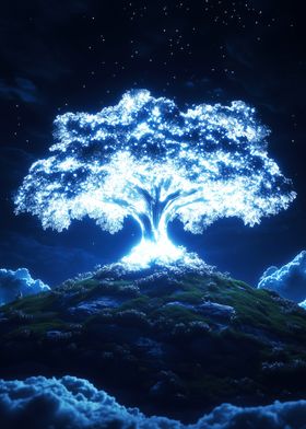 Glowing Tree in Night Sky