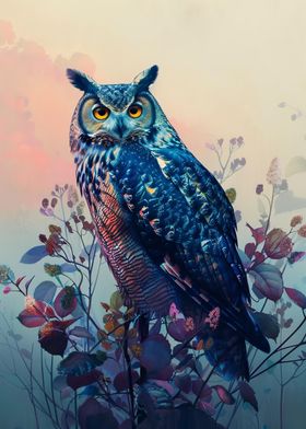 Blue Owl in Floral Setting