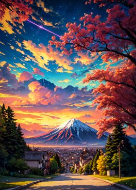 Sakura Mount Fuji Sunset Anime