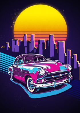 Retro Car Sunset Cityscape