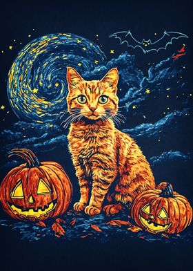 Halloween Cat & Pumpkins