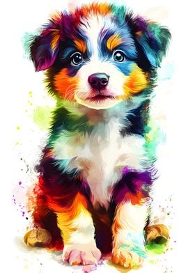 Australian Shepherd Colorful Puppy Portrait