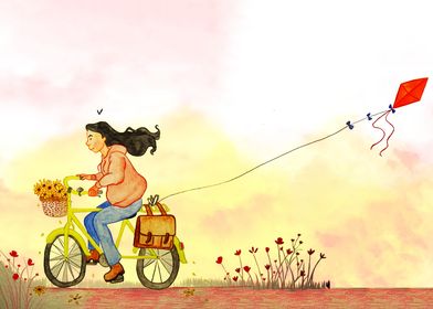 Woman Riding Bike with Kite