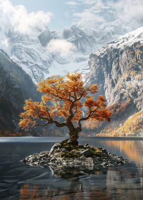 Autumn Tree on Mountain Lake