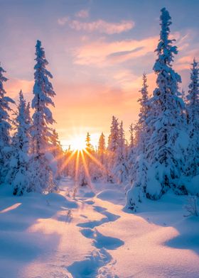 Snowy Forest Sunset