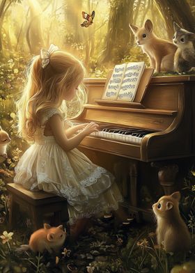 Girl Playing Piano in Forest