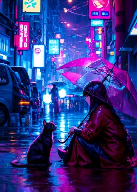 Cyberpunk Girl and Cat in Rainy Night