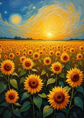 Sunflowers Under Swirling Sky