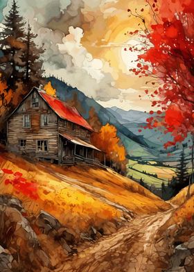 Autumn Cabin in Mountains