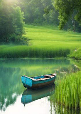 Serene Lake with Rowboat