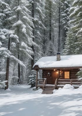 Snowy Cabin in the Woods