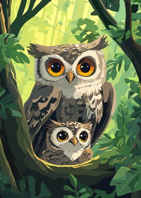 Owl Family in the Forest