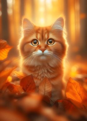 Orange Cat in Autumn Leaves