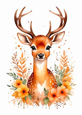 Watercolor Deer Flowers