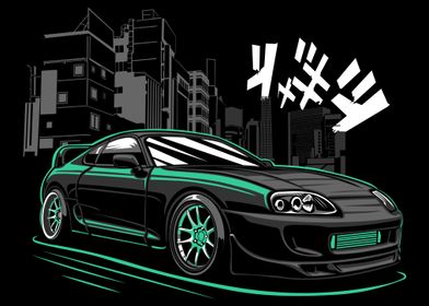 Black Supra with City Skyline