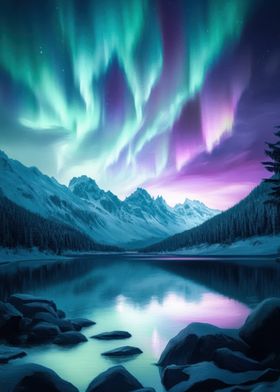 Aurora Borealis Over Mountains