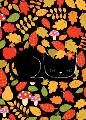 Cute Sleeping Cat in Autumn Leaves