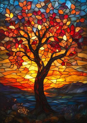 Stained Glass Sunset Tree