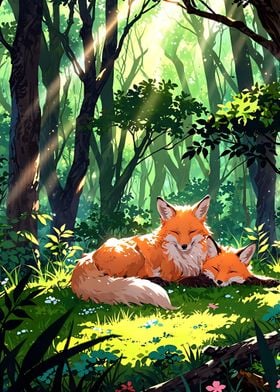 Foxes Resting in Forest