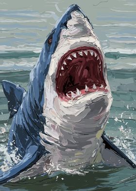 White Shark Attack Painting