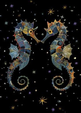 Seahorse Couple in Starry Night