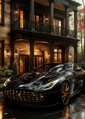 Black Luxury Car in Front of Mansion