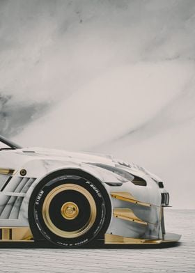 Marble White and Gold Nissan GT-R Sports Car