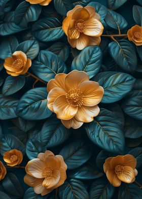 Golden Flowers on Teal Leaves