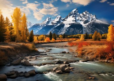 Autumn River and Mountains