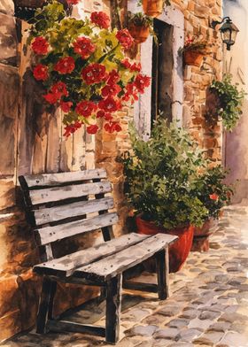 Bench in Courtyard Painting