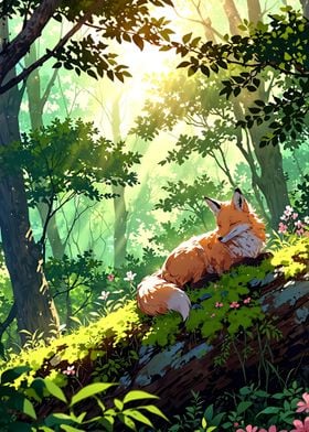 Fox in Sunlit Forest