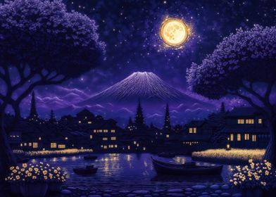 Nighttime Village with Mount Fuji