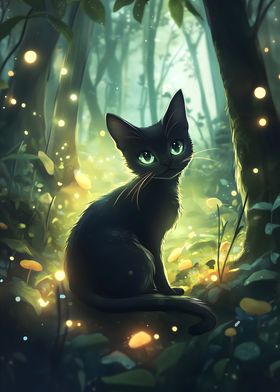 Black Cat in Enchanted Forest