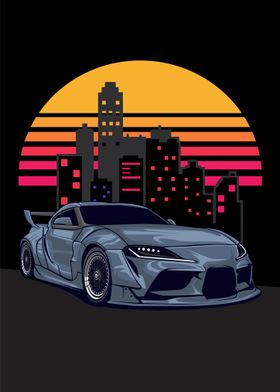 Blue Supra with Sunset Cityscape