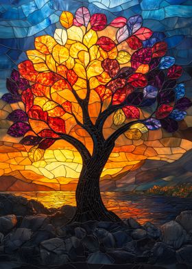 Stained Glass Tree Sunset