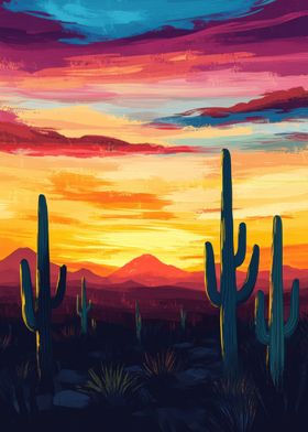 Desert Sunset with Cacti